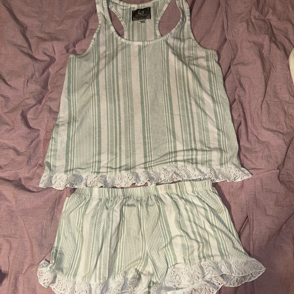 Pj Couture Green Striped Lace Pajama Set